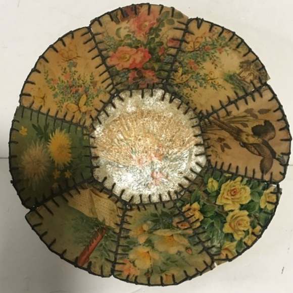 Vtg Handmade Basket from Greeting Cards floral birds blanket stitch AMAZING EUC - Picture 3 of 8